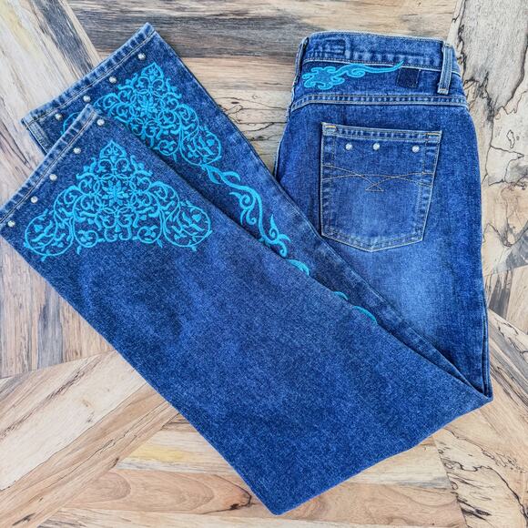 Cruel Girl, Women's 15, Low Rise Relaxed Fit Studded Turquoise Embroidered Jeans - Picture 5 of 13